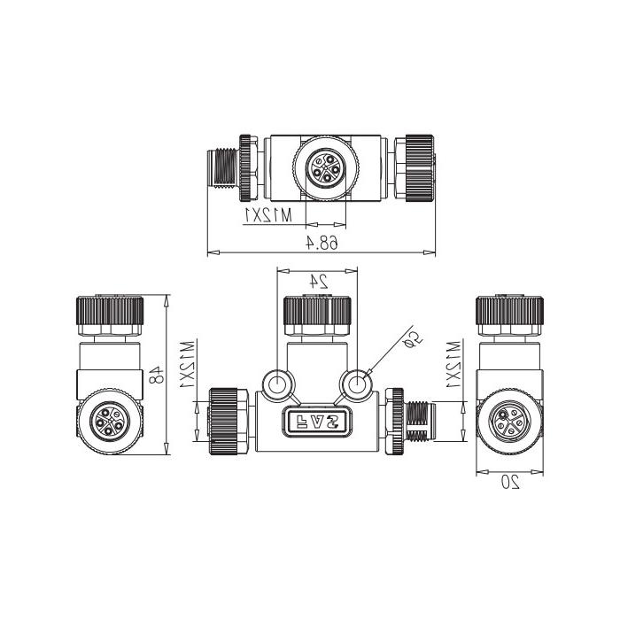 M12 5Pin Male /2M12 5Pin female, L-buckle, T-connector, 64L555