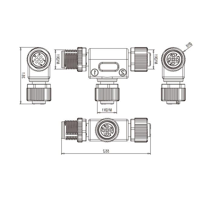 M12 5Pin male /2M12 5Pin female, T-connector, 0C4555